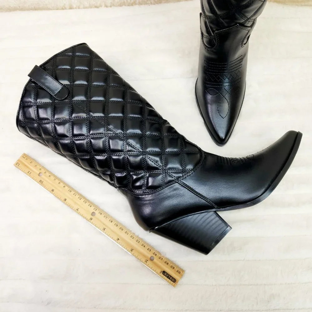 Bells Quilted Faux Leather Western Mid Calf Cowgirl Boots Black_9